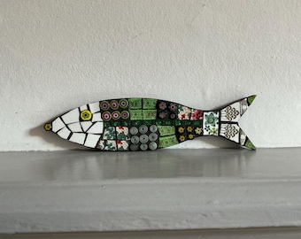 Mosaic Sardine Wall Art: Vintage Crockery & Glass Beads