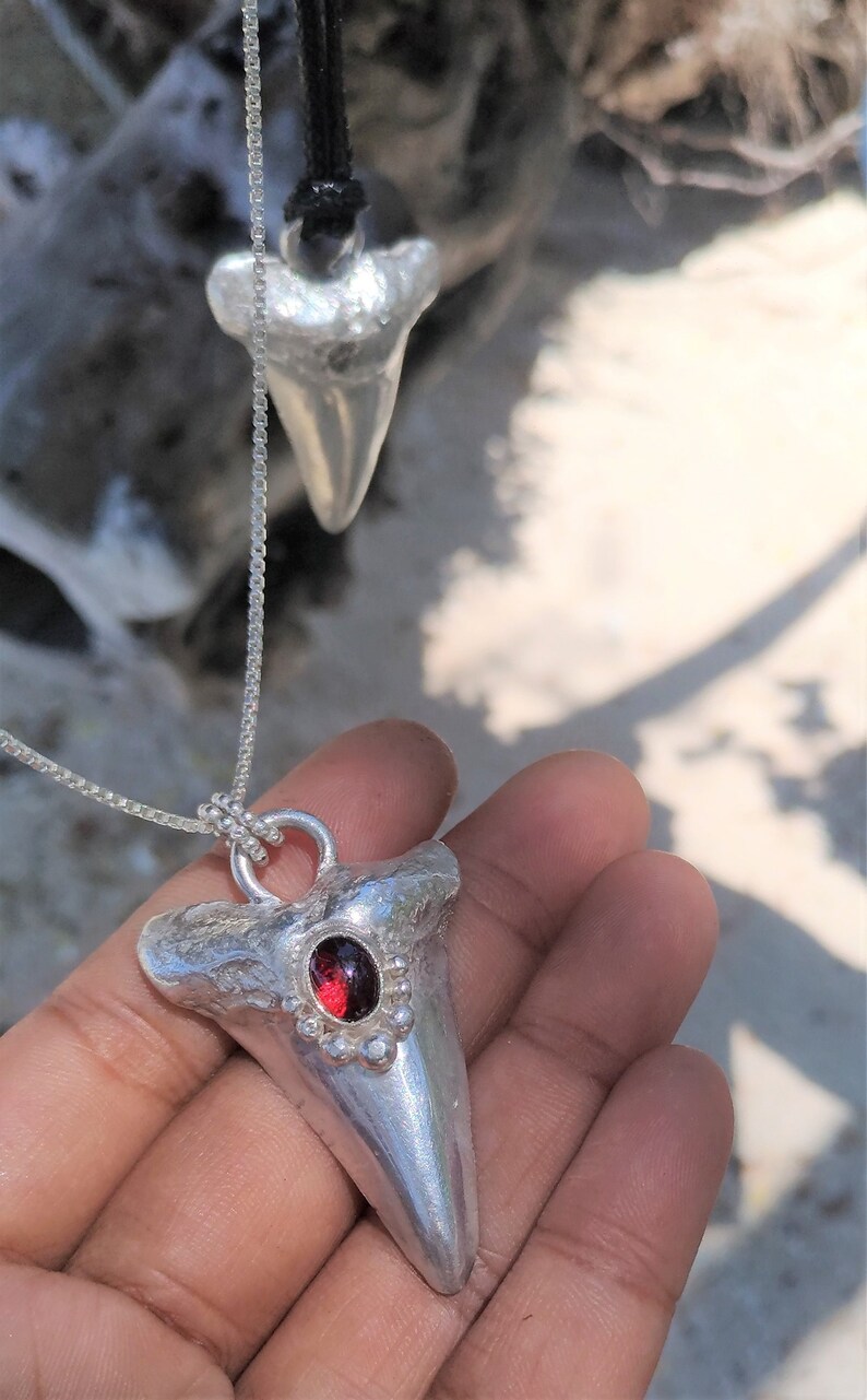 Garnet sterling silver shark tooth pendant and 24 box chainocean jewellery