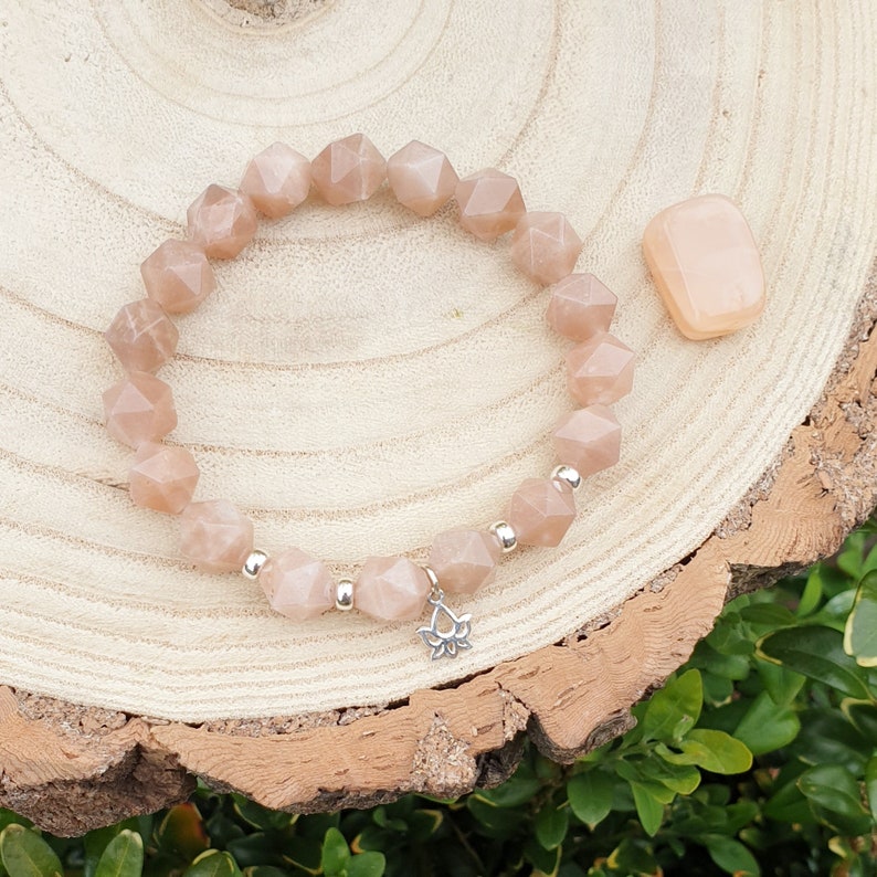 Peach Moonstone stretch gemstone bracelet mala bracelet sterling silver yoga bracelet 10mm star cut beads women/'s bracelet