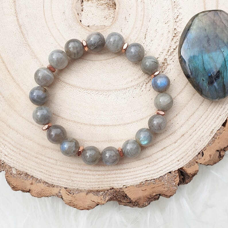 coppersilver spacers Labradorite stretch mala bracelet chunky 10mm beads yoga meditation bracelet