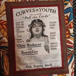 May include: Vintage advertisement for a "Chin Reducer and Beautifier" featuring a woman wearing a contraption on her head. The ad claims to prevent double chins, efface double chins, and reduce enlarged glands. The text reads "Curves of Youth" and "Pull the Cords".