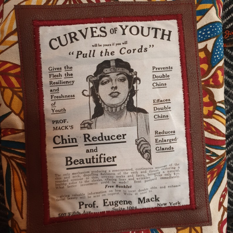May include: Vintage advertisement for a "Chin Reducer and Beautifier" featuring a woman wearing a contraption on her head. The ad claims to prevent double chins, efface double chins, and reduce enlarged glands. The text reads "Curves of Youth" and "Pull the Cords".