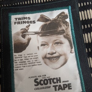 May include: A vintage advertisement for Scotch Cellulose Tape featuring a young girl with a bow in her hair. The text reads "Trims Fringes", "Scotch Tape and cut across top of tape. Fringe cuts straight - hair trimming stick to tape - won't fall in eyes. "Scotch" Brand Cellulose Tape is your handiest household helper." and "Always Ask For the Real Scotch Brand Cellulose Tape".