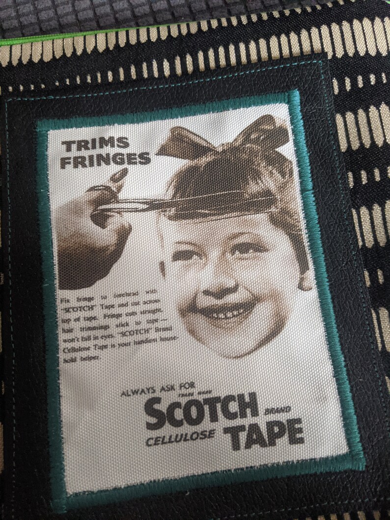 May include: A vintage advertisement for Scotch Cellulose Tape featuring a young girl with a bow in her hair. The text reads "Trims Fringes", "Scotch Tape and cut across top of tape. Fringe cuts straight - hair trimming stick to tape - won't fall in eyes. "Scotch" Brand Cellulose Tape is your handiest household helper." and "Always Ask For the Real Scotch Brand Cellulose Tape".