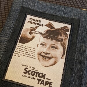 May include: A vintage advertisement for Scotch Cellulose Tape featuring a young girl with a bow in her hair getting her fringe trimmed. The text reads "Trims Fringes", "Always ask for the new", "Scotch Brand Cellulose Tape".
