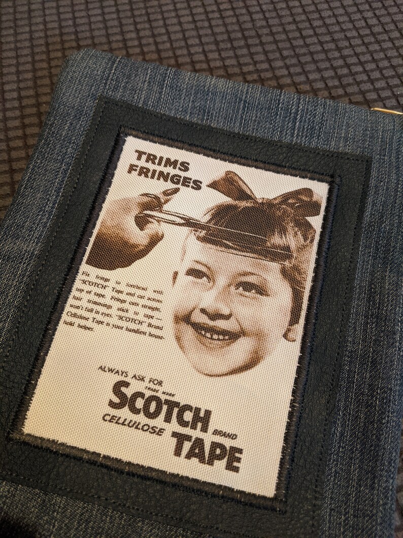May include: A vintage advertisement for Scotch Cellulose Tape featuring a young girl with a bow in her hair getting her fringe trimmed. The text reads "Trims Fringes", "Always ask for the new", "Scotch Brand Cellulose Tape".