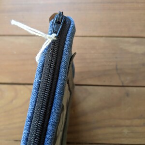 May include: A blue denim zippered pouch with a black zipper and a clear plastic window.