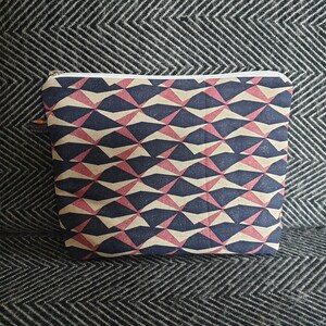May include: A zippered pouch with a geometric pattern in shades of black, beige, and pink. The pattern is made up of triangles and squares.