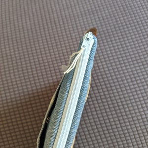 Puede incluir: Una bolsa de lona azul con cremallera blanca.