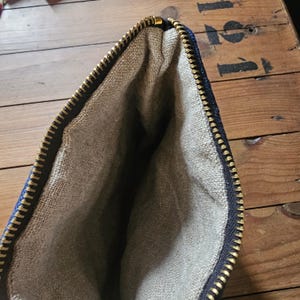 May include: A blue zippered pouch with a gold-colored zipper. The interior is a light gray fabric. The pouch is open, revealing the inside. The pouch is likely made of a durable material.