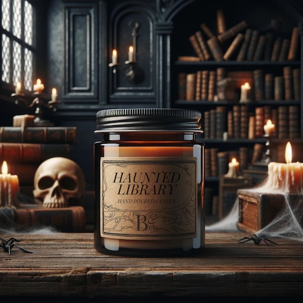 Bibliothèque hantée - bougie 9 oz / soja végétalien / horreur et macabre / gothique goth halloween spooky eerie ghost witch witchy sorcellerie /