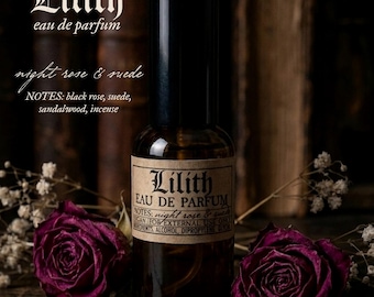 Lilith eau de parfum | night rose & suede | 30ml spray or 5ml mini | vegan gothic fragrance