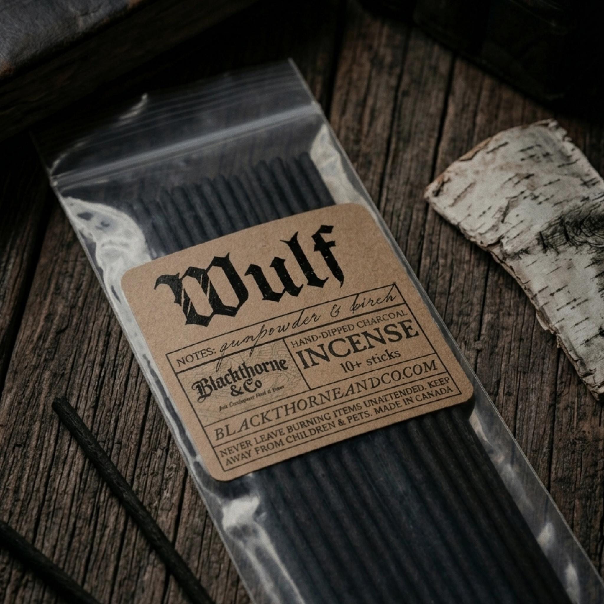 Wulf incense sticks | gunpowder, birch, & pepper | 10+ hand-dipped charcoal sticks | vegan gothic ritual incense