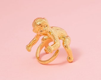 Monkey Cuddle Gold Pinky Ring