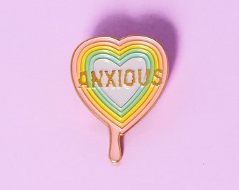 Anxious Heart Pin Brooch Rainbow Pastel Gold