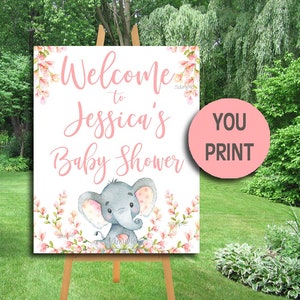 Pink Elephant Baby Shower Welcome Sign, Large Personalized Girl Elephant sign, Safari Shower Poster, YOU PRINT PDF File, Printable, P292