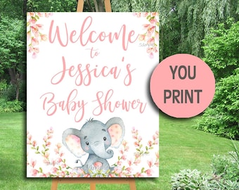 Pink Elephant Baby Shower Welcome Sign, Large Personalized Girl Elephant sign, Safari Shower Poster, YOU PRINT PDF File, Printable, P292