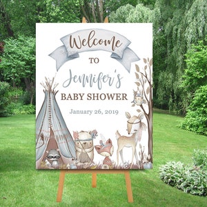 Boy Woodland Animals Baby Shower Segno di benvenuto, Grande segno personalizzato blu Boho Teepee, Poster di benvenuto, Digitale YOU PRINT Stampabile, P107
