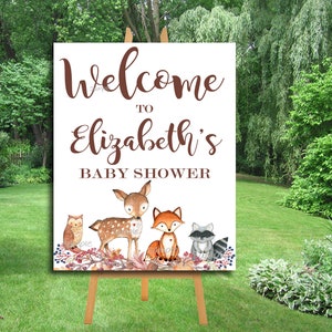Woodland Baby Shower Welkomstbord, Baby Shower Teken, Grote Welkomstposter, Gepersonaliseerd Welkomstbord, U PRINT PDF Digitaal Afdrukbaar P01