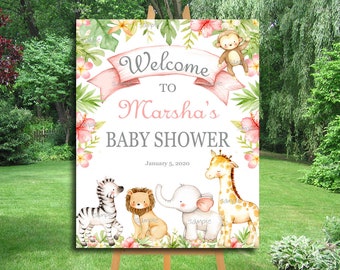 Safari Baby Shower Welcome Sign, Large Personalized Girl Jungle animals sign, Safari Shower Poster, YOU PRINT PDF File, Printable, P122