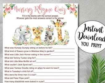 May include: A printable nursery rhyme quiz game with a pink and green floral design. The quiz features questions about popular nursery rhymes, such as Humpty Dumpty, Little Miss Muffet, and Jack Sprat. The game is perfect for a baby shower or a children's party.