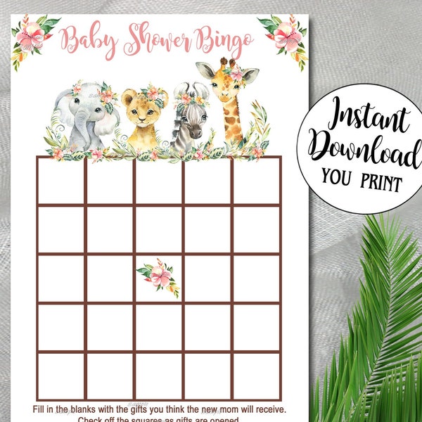 Girl Safari Baby Shower bingo game, Pink Safari baby shower Game, Bingo card, Safari baby shower, Printable Instant download P156