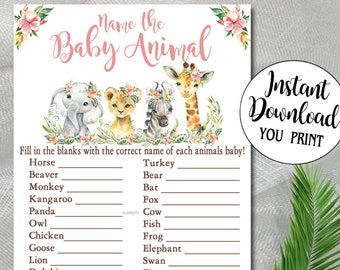 Girl Safari Baby Shower Game, Name The Baby Animals Game, pink jungle animals game quiz, name the animals, Printable Instant Download P156