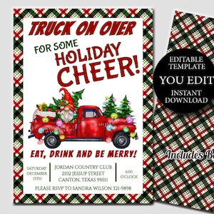 Gnomes Christmas Party Invitation, Red Truck on over Plaid, Editable Template Holiday invitation Printable Instant Download 166