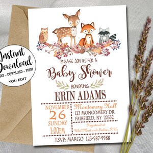 Editable Woodland Baby Shower Invitation template, You Edit - Boy or Girl Printable Woodland animals baby shower,  INSTANT DOWNLOAD P01
