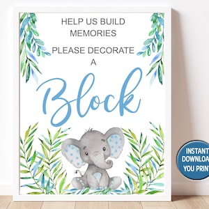 Elephant Decorate a Block game sign, Blue boy elephant shower game Safari Baby Shower activity Decorate a Block Sign / INSTANT DOWNLOAD P19