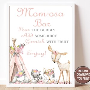 Girl Woodland Mimosa Bar Sign, Woodland Momosa Sign, Mom-osa Bar Sign, Pink  BOHO Momosa Mimosa Table Sign, INSTANT  P72