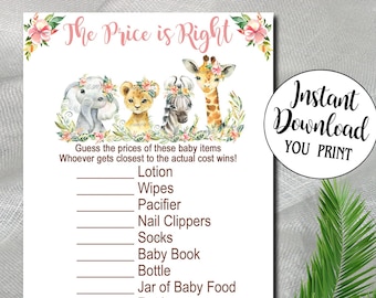 May include: A printable baby shower game with a jungle theme. The game asks guests to guess the price of various baby items, such as lotion, wipes, a pacifier, nail clippers, socks, a baby book, a bottle, a jar of baby food, a rattle, and a teether. The game includes a space for the total price.