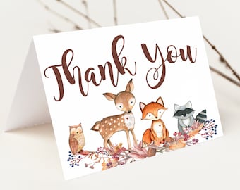 Woodland Baby Shower Thank You Card Printable Girl Woodland Animals Baby Shower, Forest Animals Baby Shower  INSTANT DOWNLOAD P01