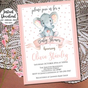 Girl Elephant Baby Shower Invitation Editable, Pink Girl Baby Shower, Safari Baby shower invitation, Editable invite INSTANT DOWNLOAD P29