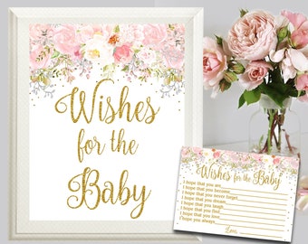 Pink and Gold Confetti Wishes for Baby Sign & Card, Gold Glitter Floral Baby Shower Baby wishes Game PRINTABLE INSTANT DOWNLOAD  P55