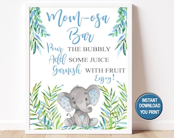 Boy Elephant Mimosa Bar Sign, Blue elephant Baby Shower Sign, Momosa Bar Sign, Mom-osa Sign, Floral baby shower, Table Sign, INSTANT P19