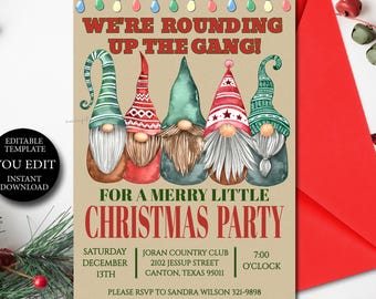 Gnomes Christmas Party Invitation, Editable Invite Template, Fun Holiday invitation YOU EDIT, Printable Invitation, Instant Download 160 162