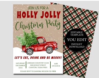 Weihnachtspartyeinladung, roter LKW auf über bearbeitbare Feiertagspartyeinladungsvorlage, die Sie bearbeiten, druckbare Sofortdownload 028