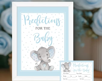 Förutsägelser för babyshower blå pojkeelefant Babyförutsägelser Skylt & Kortspel UTSKRIVBAR DIREKT NEDLADDNING matcher inbjudan P28