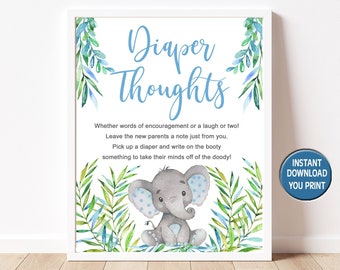 Elephant Baby Shower Diaper Thoughts Game , Late Night Diaper Game , Safari Blue Boy Baby Shower, Baby Shower Game / INSTANT DOWNLOAD P19