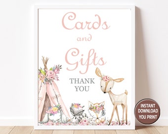 Girl Woodland Baby Shower Cards and Gifts Sign, Card Table Sign, Gifts Table Sign, Pink Teepee Baby shower signs Instant Download P72