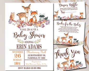 Woodland Baby Shower Invitation kit, Editable invite template Books for Baby, Diaper Raffle & Thank You package set INSTANT DOWNLOAD P01