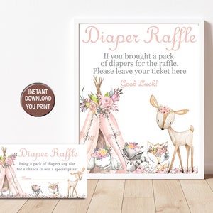 Girl Woodland Animals Baby Shower Diaper Raffle card insert and sign, Pink Boho Teepee Baby Shower raffle ticket-  INSTANT DOWNLOAD  P72