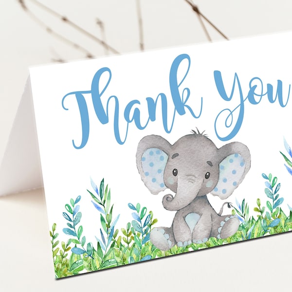 Elephant Baby Shower Thank You Card Boy, Printable Baby Shower, Blue Baby Shower thank you  INSTANT DOWNLOAD matches invitation P19