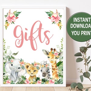 Signo de regalos de baby shower de Safari, letrero de mesa de regalos de vegetación de la selva para niñas, letrero de mesa de baby shower de la selva que usted imprime DESCARGA INSTANTÁNEA P156
