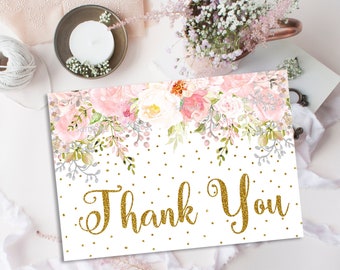 Pink & Gold Baby Shower Thank You Card, Printable gold glitter Baby Shower, Pink floral girl Baby Shower thank you  INSTANT DOWNLOAD P55