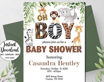 BOY Jungle Baby Shower Invitation template, Editable You Edit, Boy Safari Baby Shower, Greenery Safari baby shower, INSTANT DOWNLOAD P88