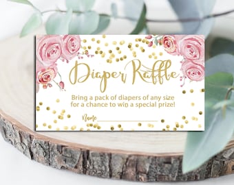 Gold Confetti Baby Shower Diaper Raffle card insert, Floral Pink and gold diaper raffle insert, Gir raffle ticket, INSTANT DOWNLOAD  P17