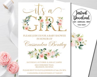 EDITABLE Blush Pink Floral Baby Shower Invitation Template, Printable Baby Shower Invitation Girl Baby Shower Invite  INSTANT DOWNLOAD P117