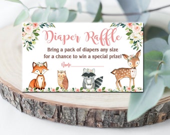 Boleto de rifa de pañales Woodland Baby Shower, boleto de tarjeta de inserción de rifa de pañales de animales del bosque imprimible floral para niña DESCARGA INSTANTE P116